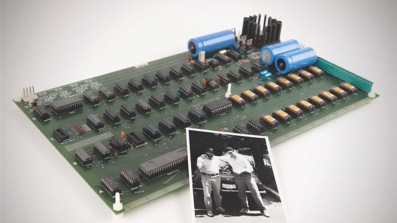 Circuit board with numerous chips and components, placed beside a black and white photo of two people standing next to a car.