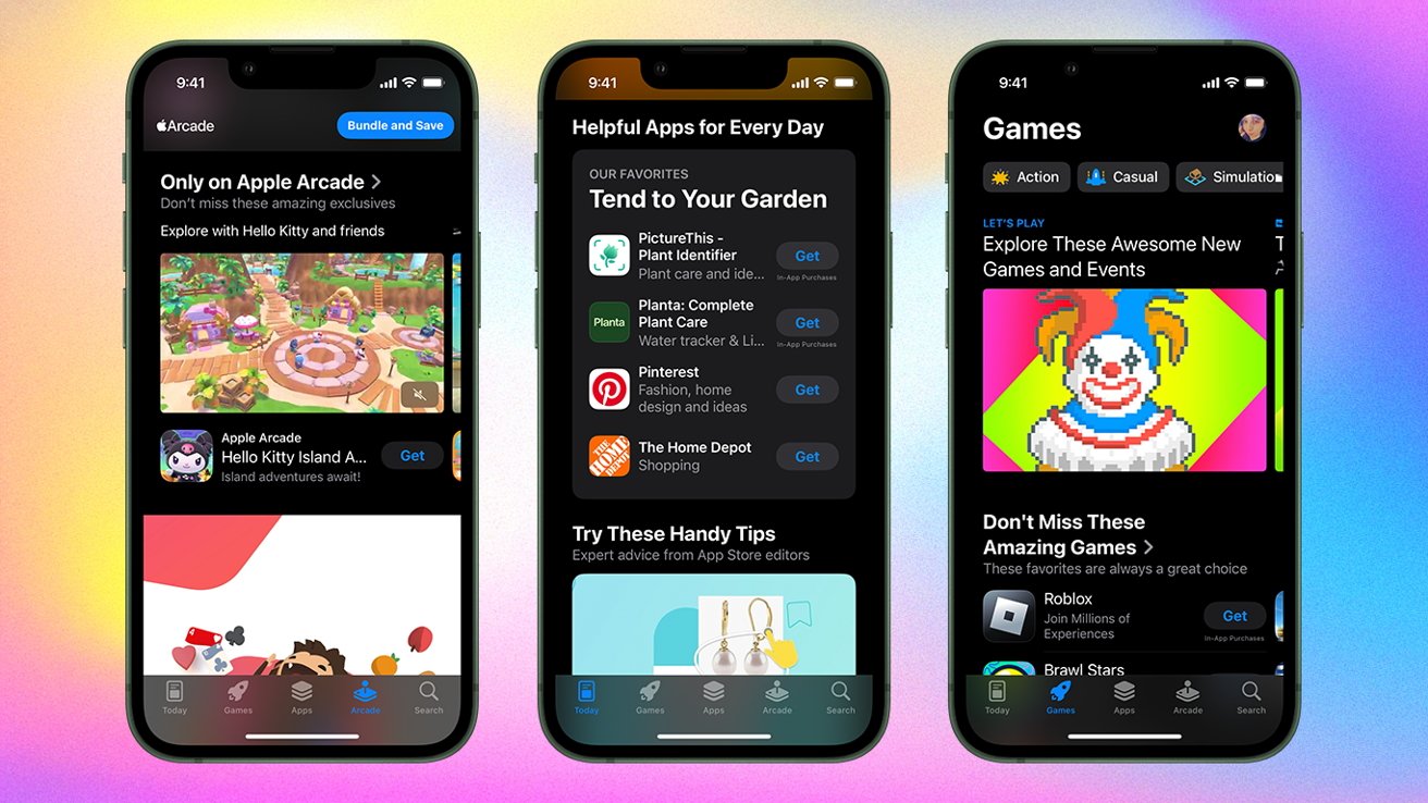 Three smartphones display different Apple App Store pages, including Apple Arcade, Helpful Apps, and Games sections, with vibrant graphics and app suggestions on gradient backgrounds.