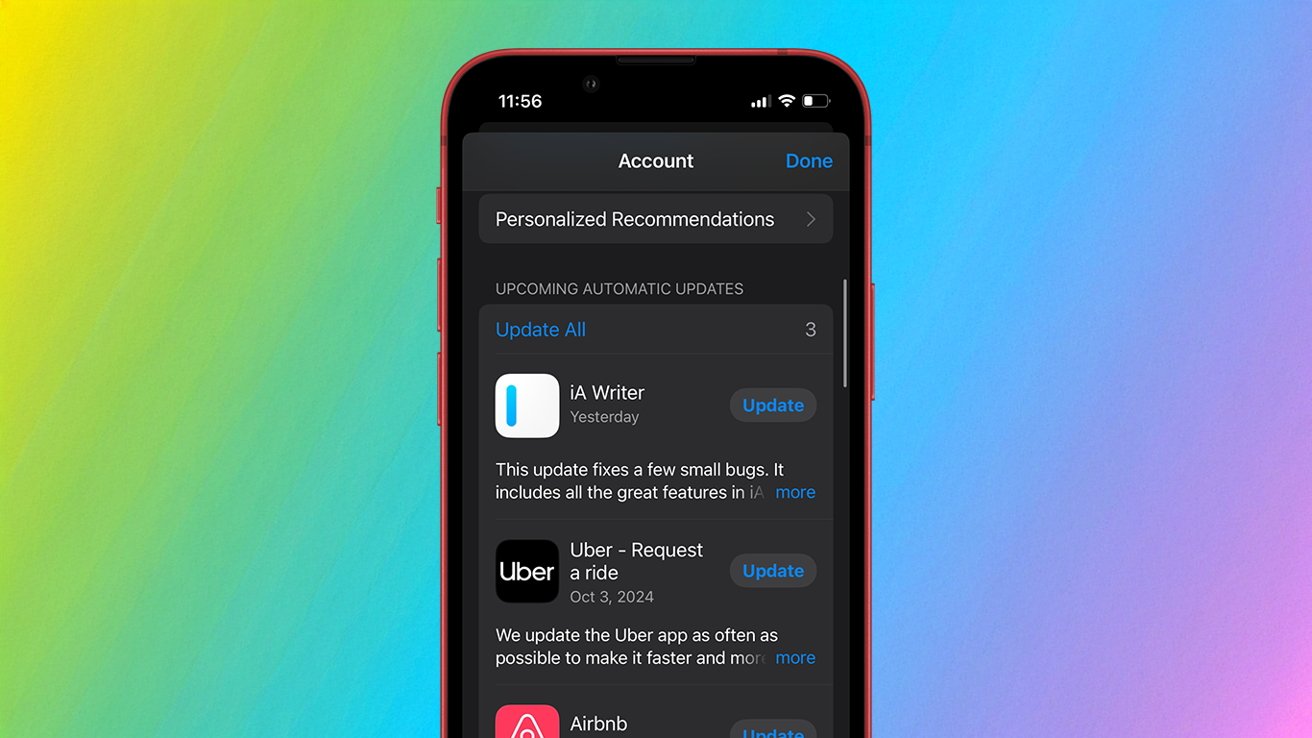 Smartphone screen showing a list of app updates with a gradient background transitioning from yellow to blue to pink.