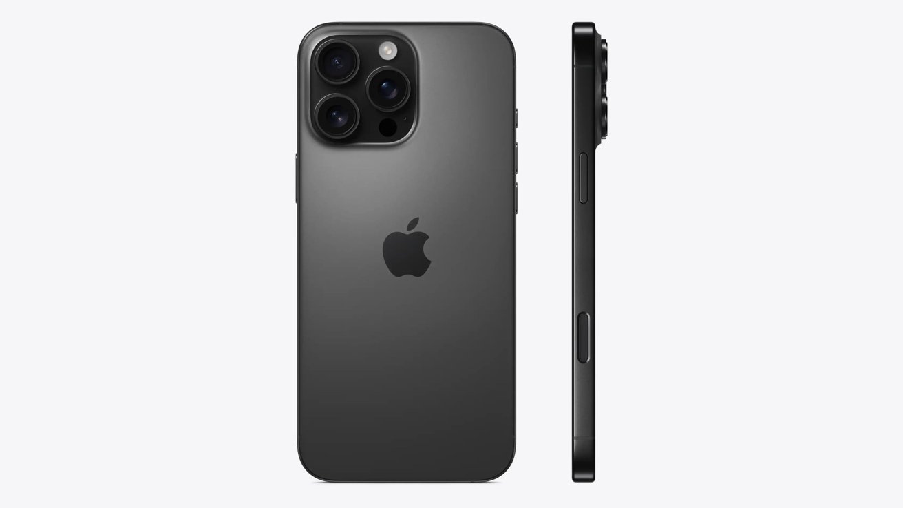 Back and side view of a black smartphone with three rear cameras and the Apple logo in the center