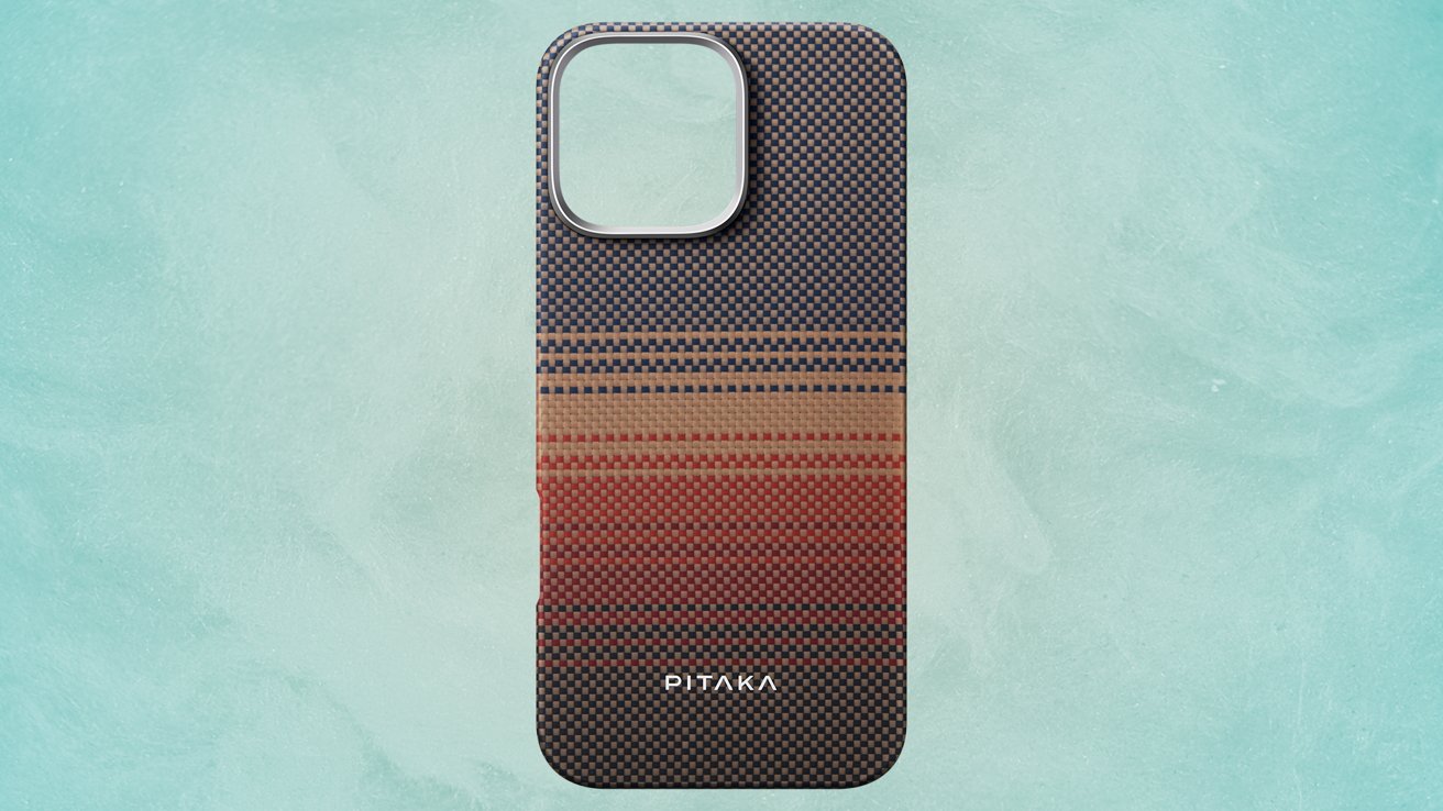 A textured phone case with a checkered design, transitioning from black and blue at the top to red and black at the bottom, placed on a light blue background.