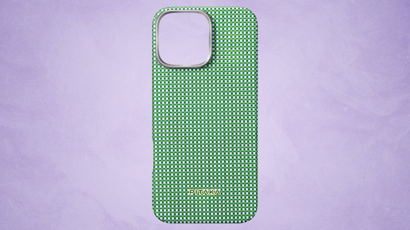 Green and black checkered phone case with a camera cutout, set against a light purple background. Brand name 'PITAKA' is printed at the bottom.