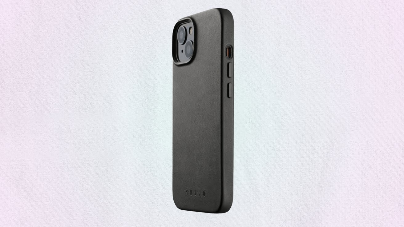 Black smartphone case with cutouts for buttons and camera, against a light textured background. Word 'MUJJO' embossed at the bottom.