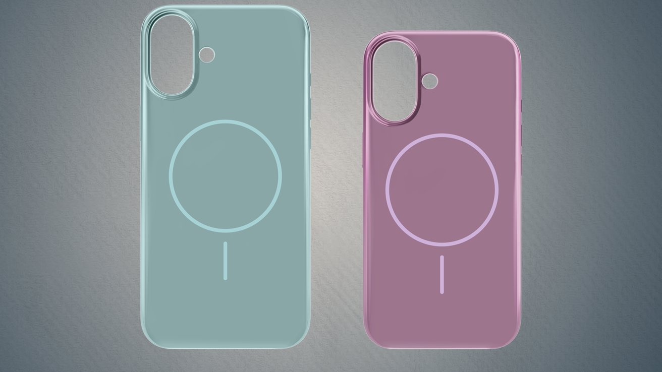 Two smartphone cases, one aqua blue and one pink with circular designs, sit side by side against a textured gray background.