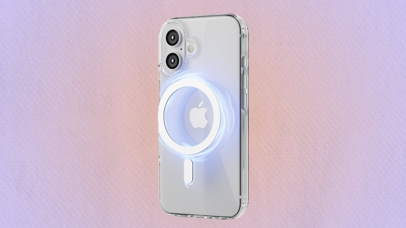 Smartphone with a clear case, illuminated circular ring, dual cameras, and an Apple logo on a light pastel background.