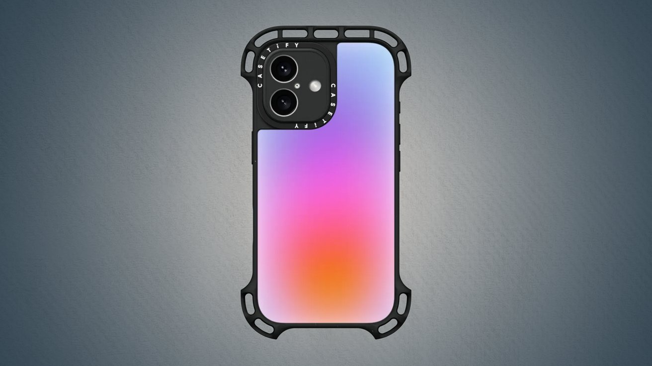 Phone with a gradient case from purple to orange and a black protective bumper with two rear cameras