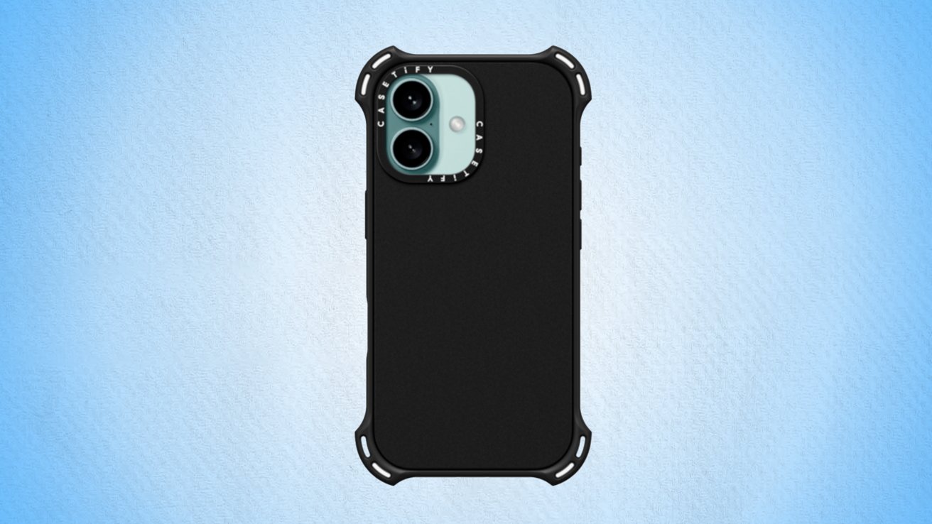 Black rectangular phone case with a dual-camera cutout and protective corner bumpers, against a light blue background.