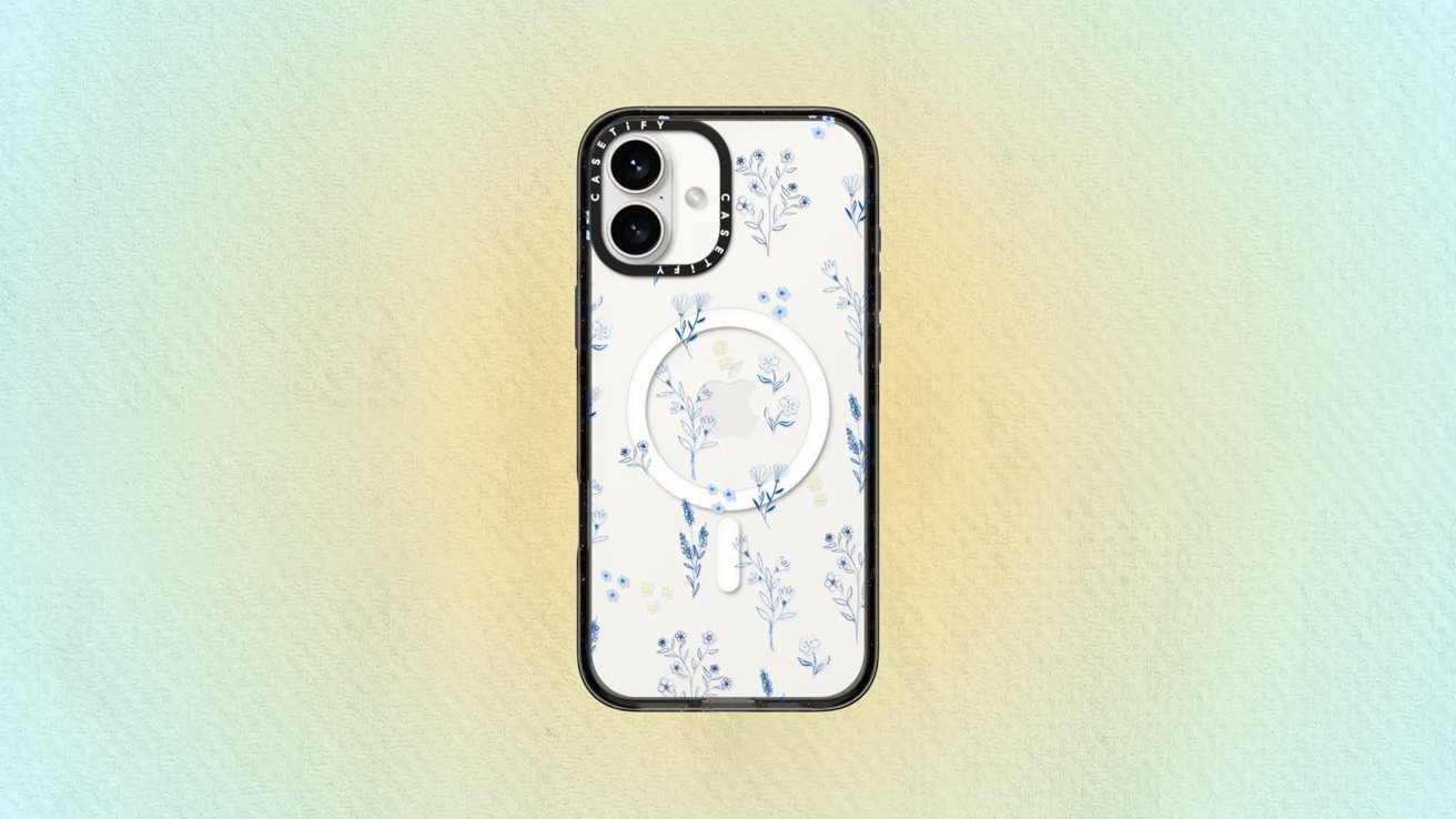 Phone case with blue and yellow floral pattern on white background, featuring a camera cutout and a circular design in the center. Background is gradient pastel colors.