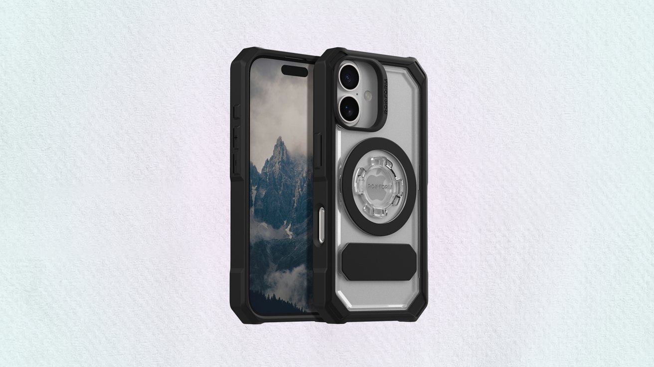 Two smartphones in rugged black cases, one displaying a mountain scene, the other showing the rear with a circular mount and dual cameras. Background is light and textured.