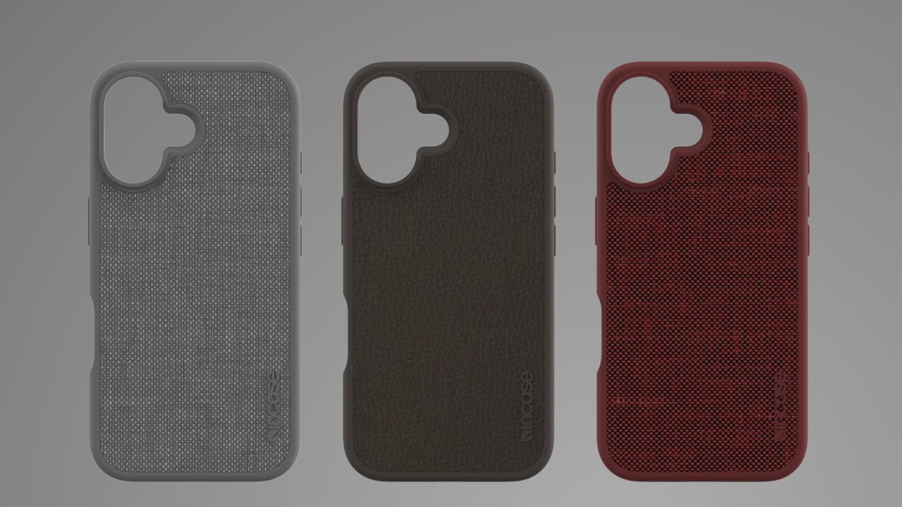 Three smartphone cases: one grey fabric, one black leather texture, and one red mesh fabric, all with camera cutouts.