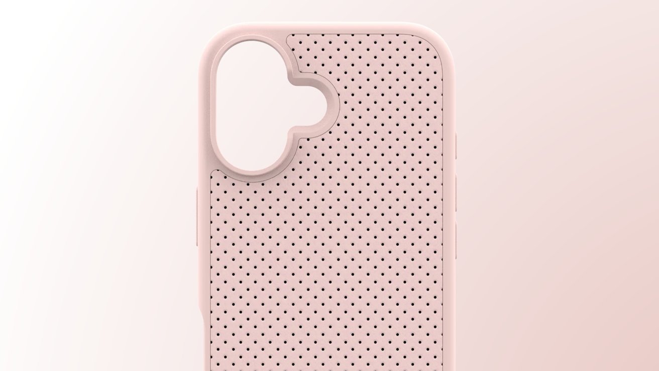 Pink phone case with perforated holes and a stylized, cloud-shaped camera cutout.