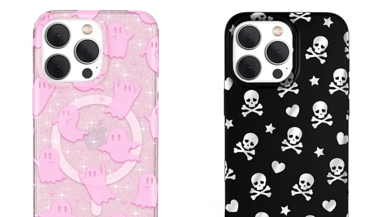 Two phone cases side by side: one pink with cute ghosts and glitter, the other black with skulls, crossbones, hearts, and stars.