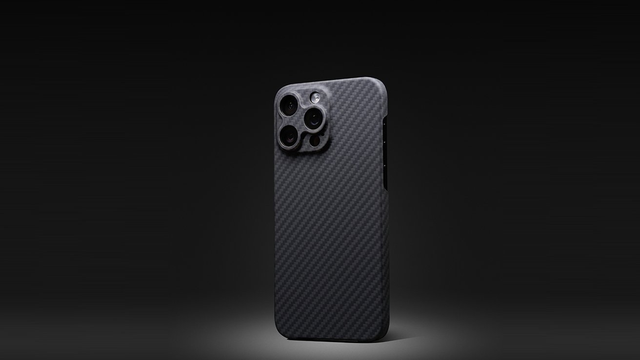 Sleek black carbon fiber smartphone case with multiple camera cutouts on a dark gradient background.