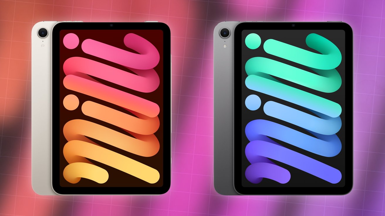 Two tablets displaying colorful wavy patterns, one pink and orange, the other green and blue, against a gradient pink-purple grid background.