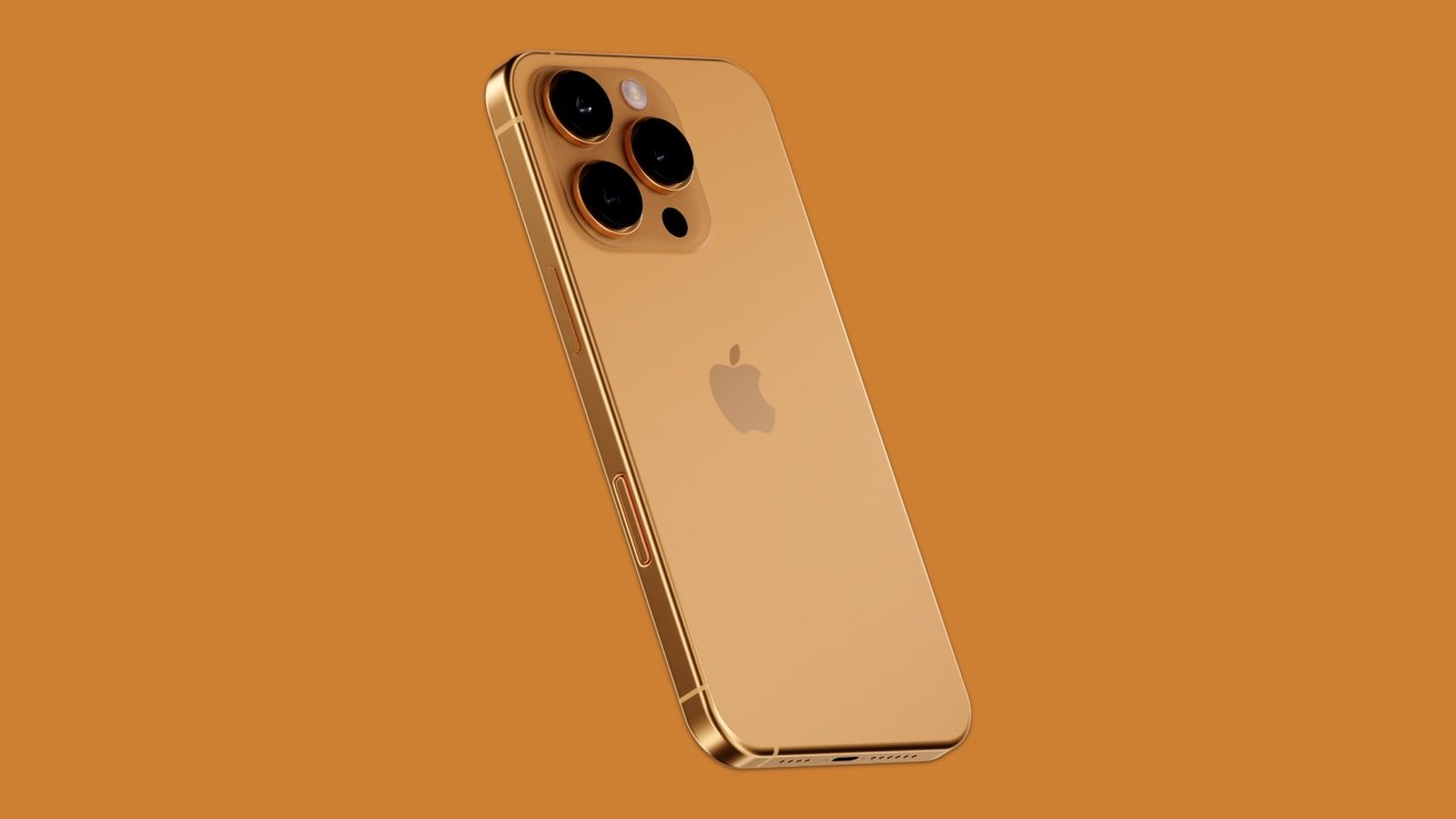 Bronze iPhone with three rear cameras and an Apple logo on an orange background