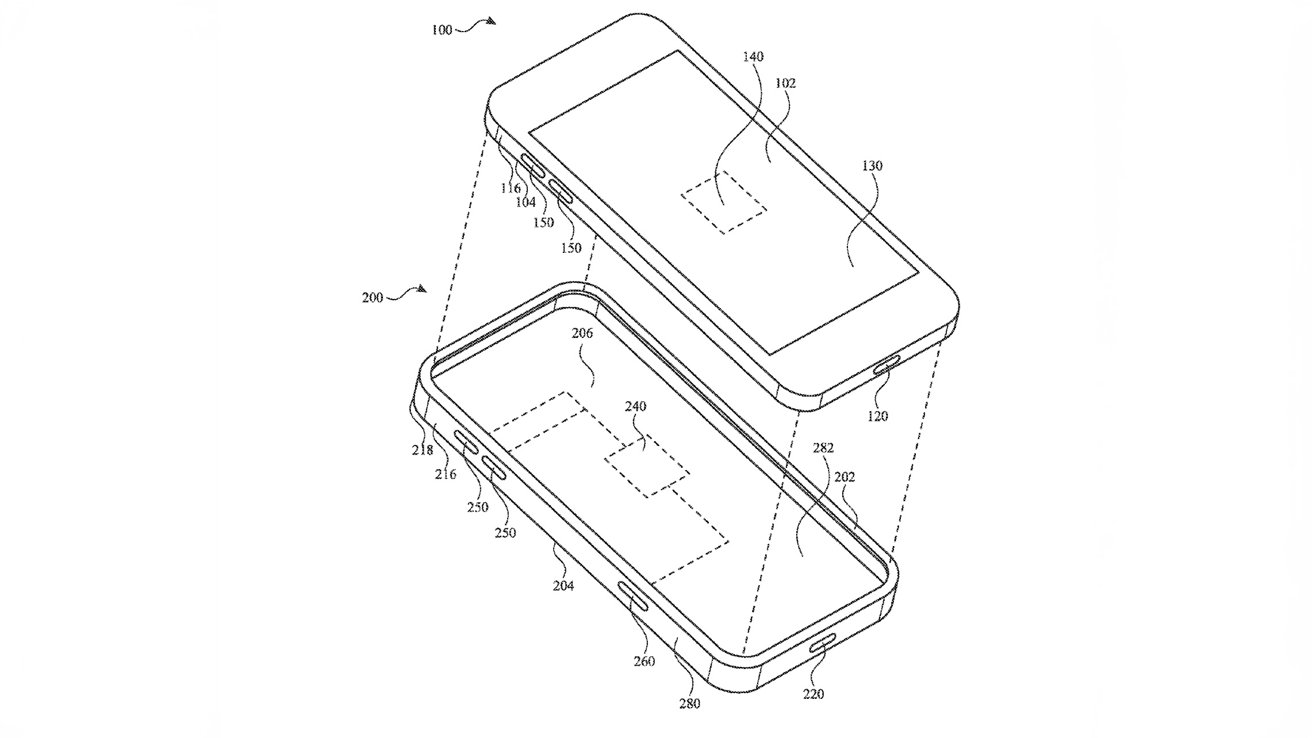 Diagram of an iPhone case and a separate phone, including detailed annotations of various components.