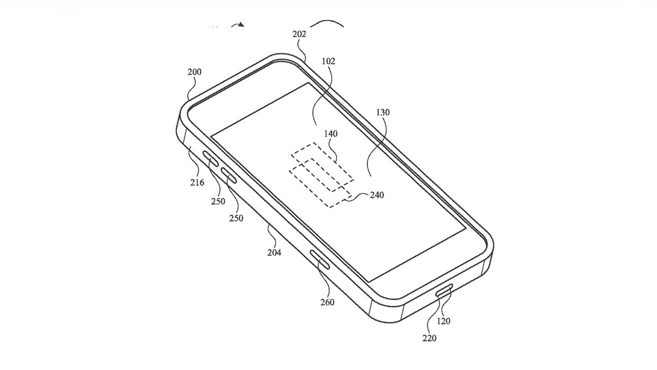 Schematic of an iPhone displaying various labeled components such as buttons, a screen, and internal module outlines.