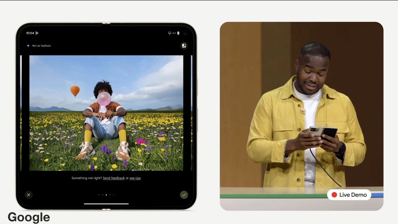 A screenshot of the Google Pixel 9 keynote where they've added a hot air balloon and a field of flowers to a photo