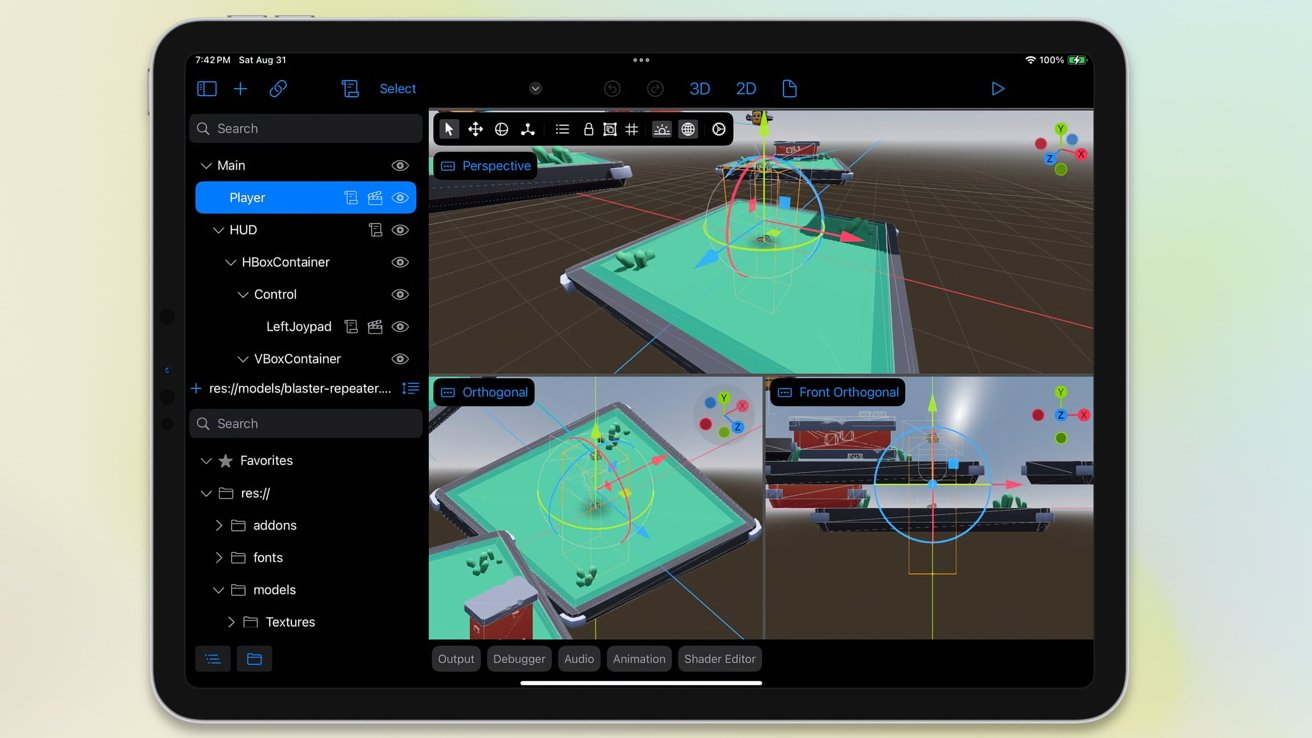 Tablet displaying a 3D modeling software interface with three views of a 3D model, object hierarchy, and toolbar on the left.