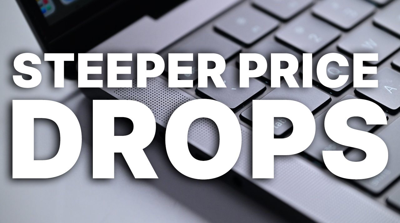 Large white text on a close-up of a MacBook Pro keyboard, reads: STEEPER PRICE DROPS.