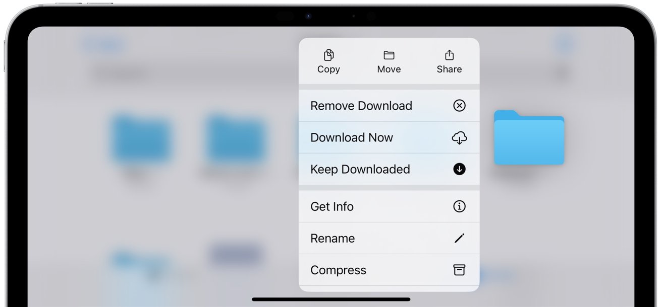 Context menu with options including copy, move, share, remove download, download now, keep downloaded, get info, rename, and compress, next to a blue folder icon.