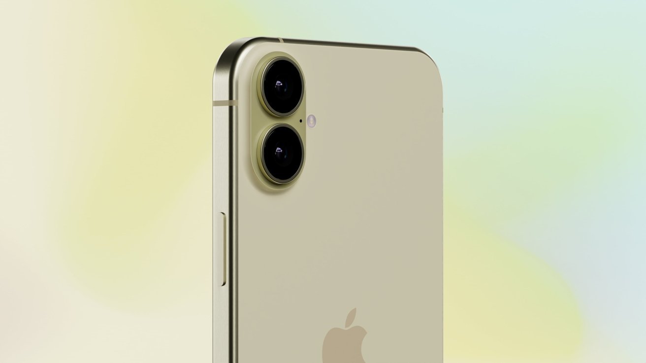 A yellow smartphone featuring dual rear cameras and a minimalist design against a soft pastel background.