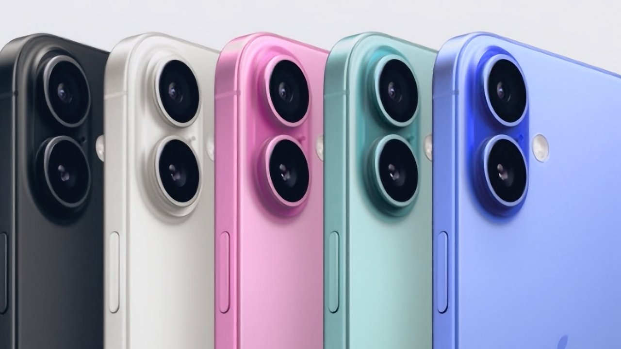 Five smartphones in black, white, pink, green, and blue colors, each showcasing dual rear cameras and a flash.