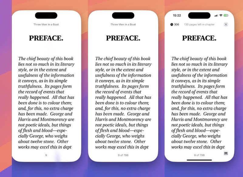 Three smartphone screens displaying the preface of the book 'Three Men in a Boat' with identical text and varying time indicators.