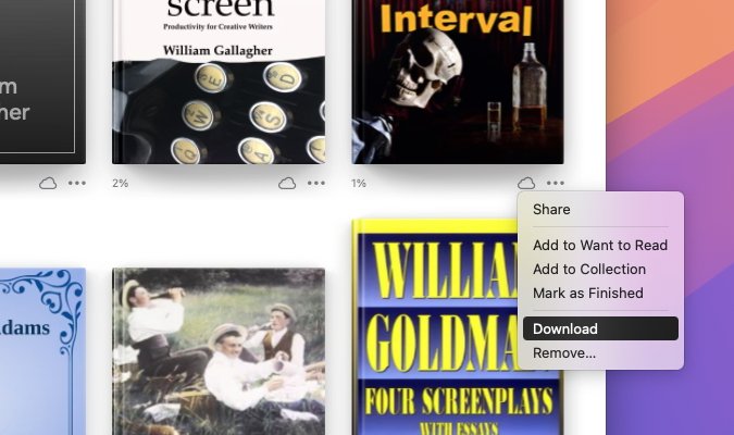 Snapshot of e-book library, featuring cover art and titles, with a context menu shown offering options like share and download. 