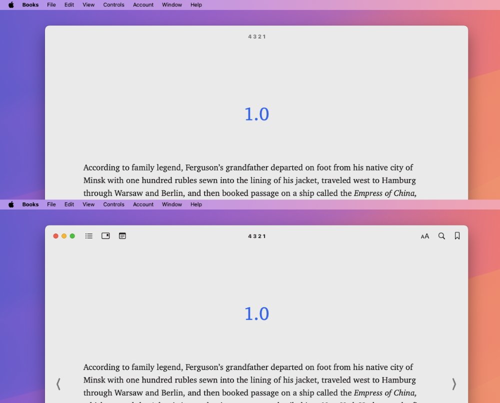 Two side-by-side screenshots of an e-book reader on macOS and iPadOS displaying the same text and chapter heading from the book 4 3 2 1.