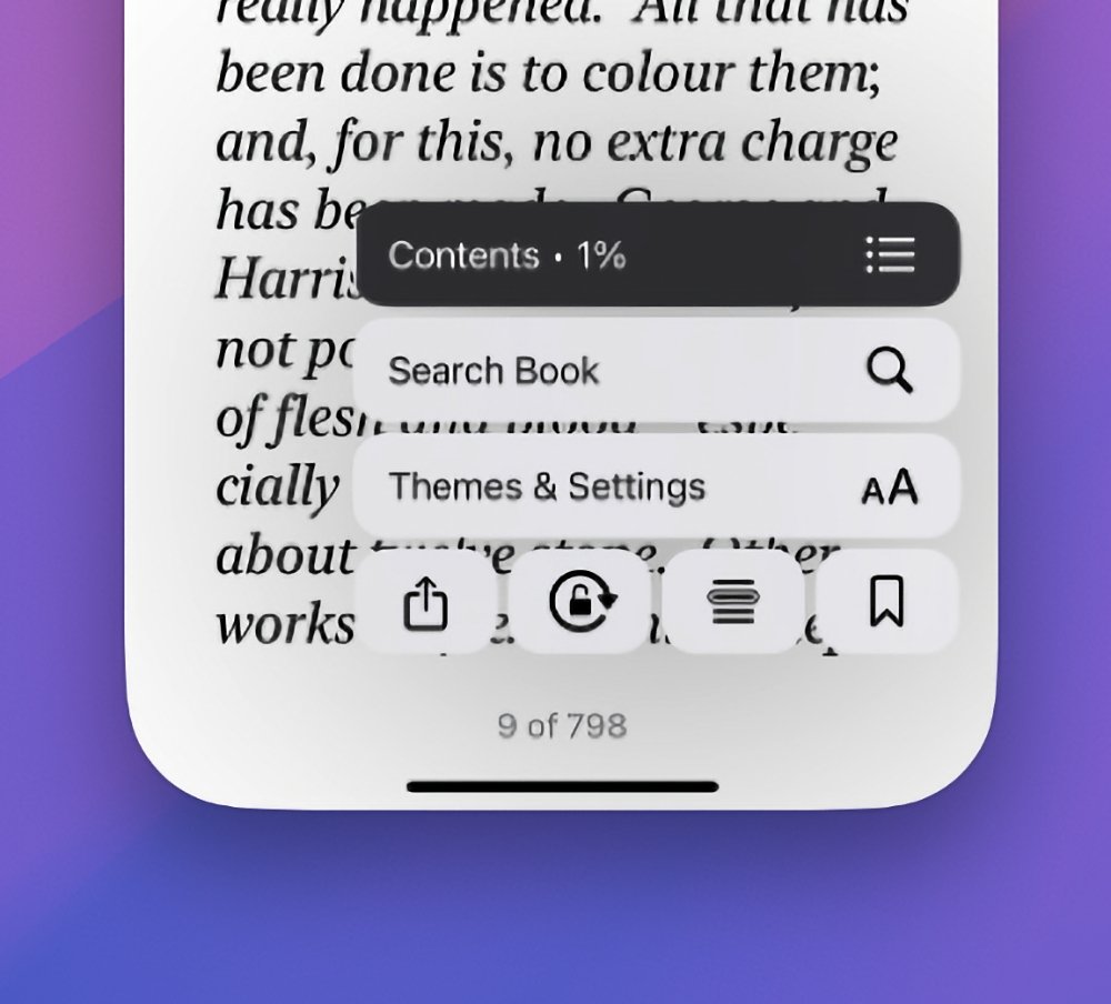 E-book reader interface displaying toolbar with options like Search Book, Themes & Settings, and navigation buttons. Text page with progress at 1%, showing page 9 of 798.