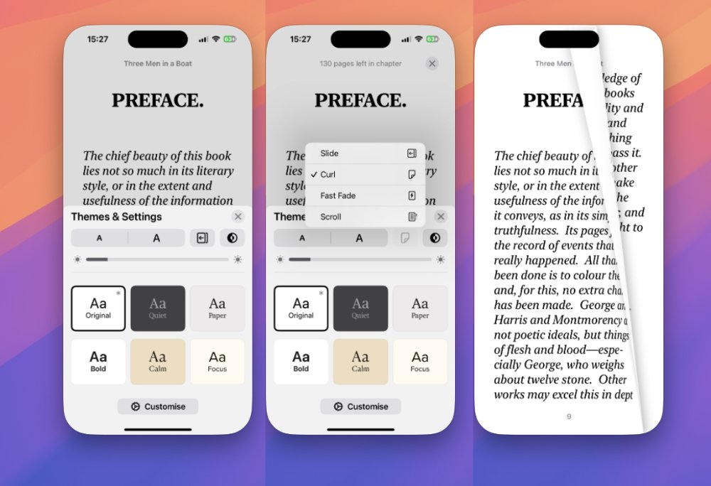 Three screens of an ebook app displaying a preface, themes, fonts, and page-turning effects on mobile.