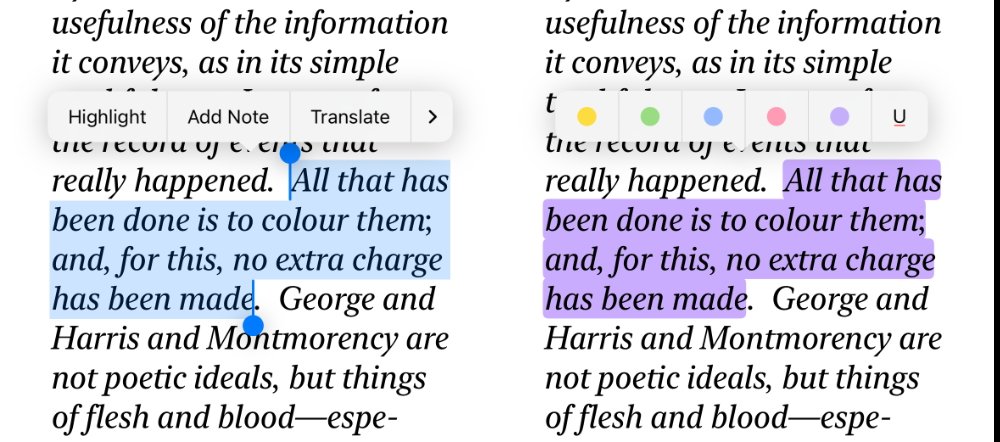 Two text segments side by side are highlighted in blue and purple with options for Highlight, Add Note, and Translate above them.