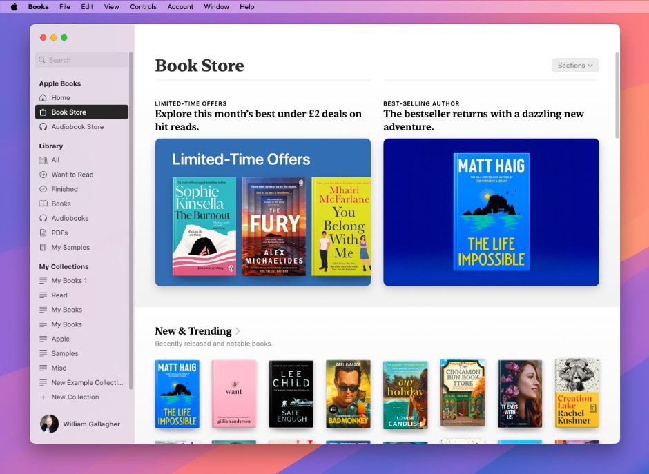 Apple Books interface displaying a Book Store section with limited-time offers, a highlighted best-selling author, and new and trending books. Sidebar provides navigation options.