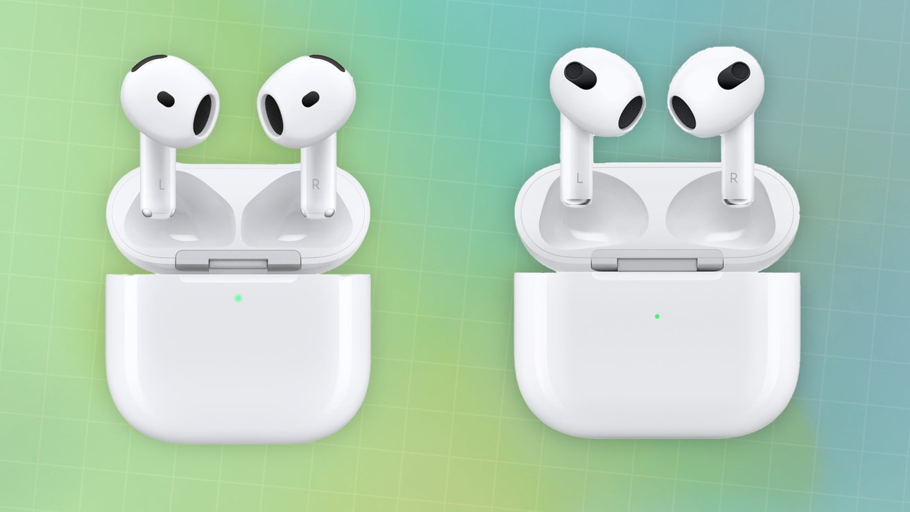 Two white wireless earbuds and their open charging cases on a green grid background.