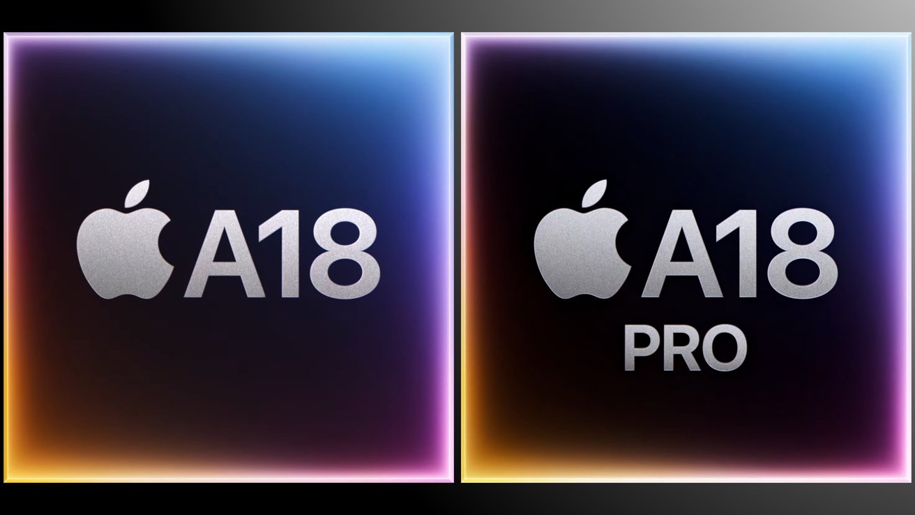 The A18 and A18 Pro processors represented as black boxes with glowing colors around them