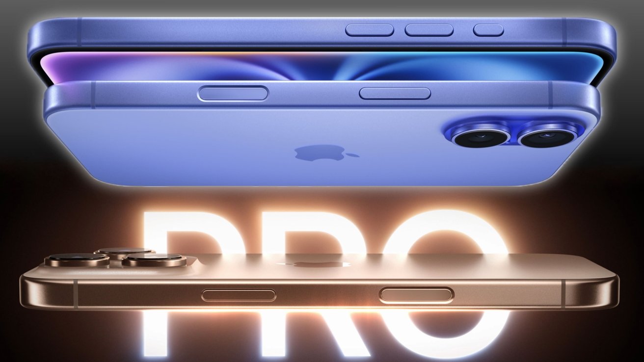 Two iPhones, one blue above and one gold below, showing side views with buttons and camera lenses, with the word 'PRO' illuminated in the background.