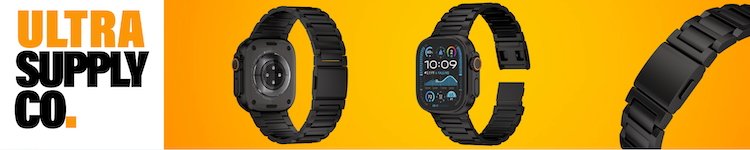 A black smartwatch with a dark band is displayed on a yellow background. It says 