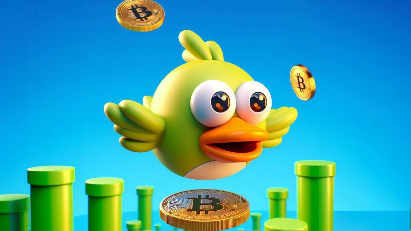 Cartoon bird with wide eyes flying among green pipes, with Bitcoin coins above and below against a blue background.