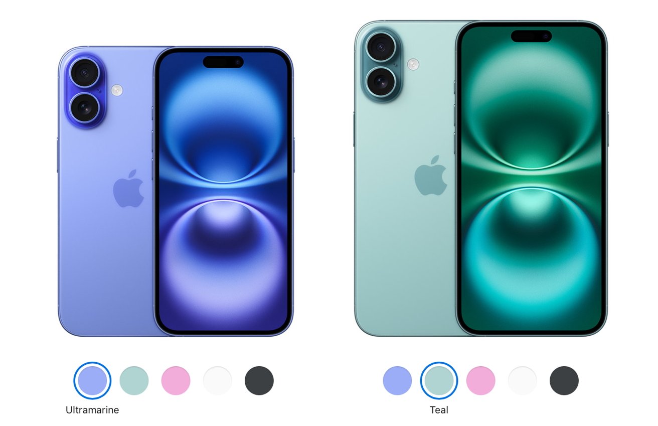 Two iPhone 16 models, one in ultramarine blue and the other in teal green, display colorful abstract wallpapers. Color options in light blue, green, pink, white, and black are shown below.