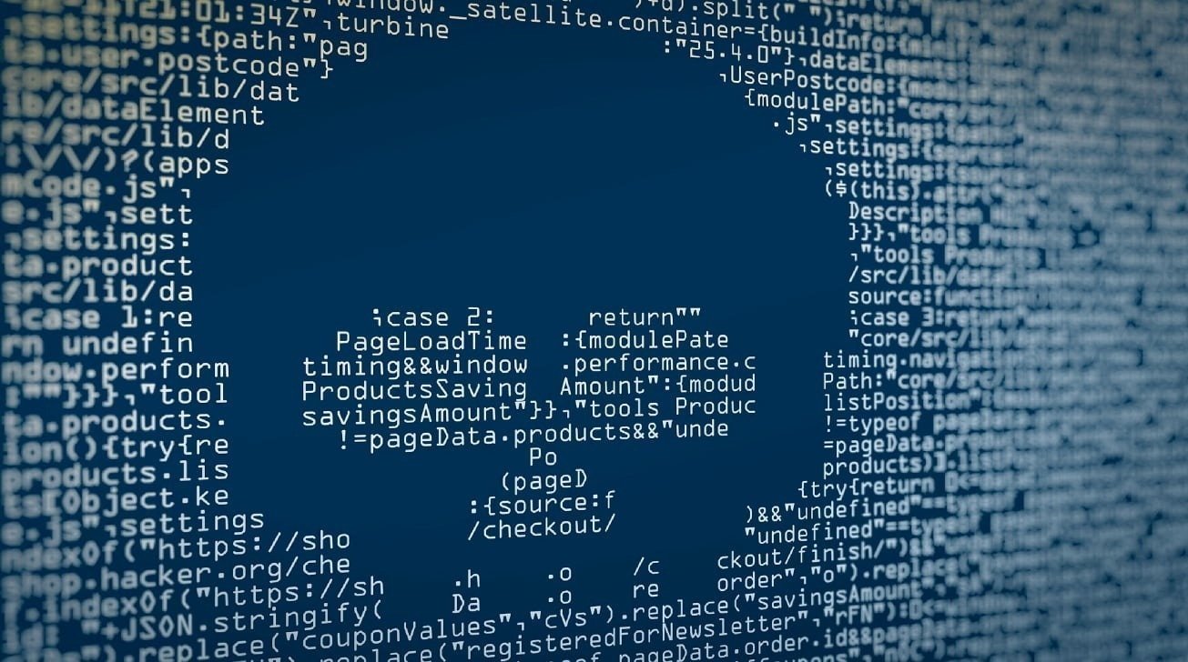 Computer code shaped like a human face on a dark blue background.