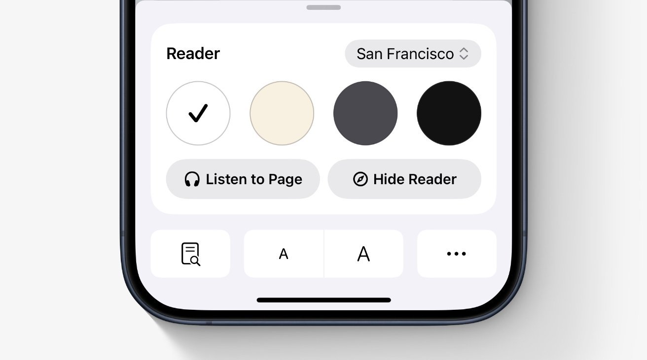 Mobile screen displaying Reader mode options with color choices, 'Listen to Page' and 'Hide Reader' buttons, and options for glyph size and action.