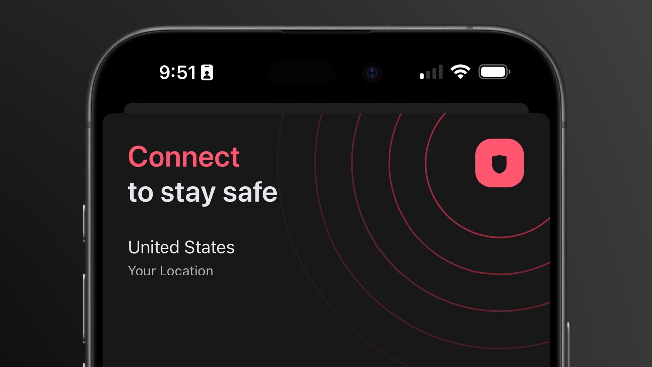 Smartphone screen displaying 'Connect to stay safe,' location 'United States,' and a red wave pattern with a shield icon in the top right corner.