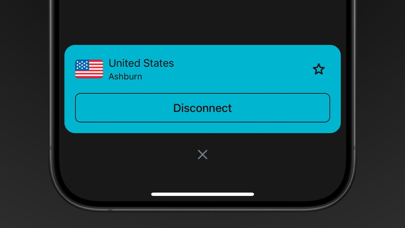 VPN connected to United States, Ashburn. Option to disconnect and favorite the connection.