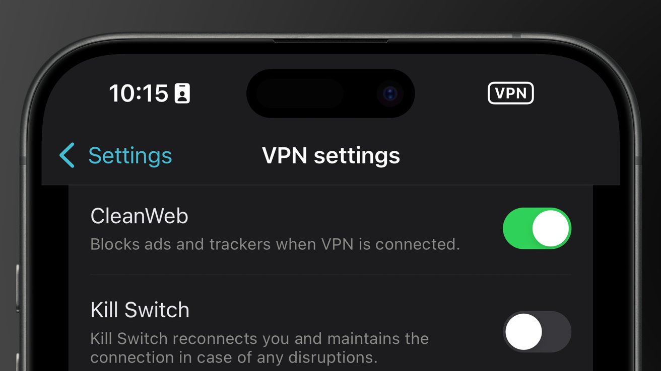 VPN settings screen showing options for CleanWeb and Kill Switch with respective toggle switches. CleanWeb is enabled, and Kill Switch is disabled.