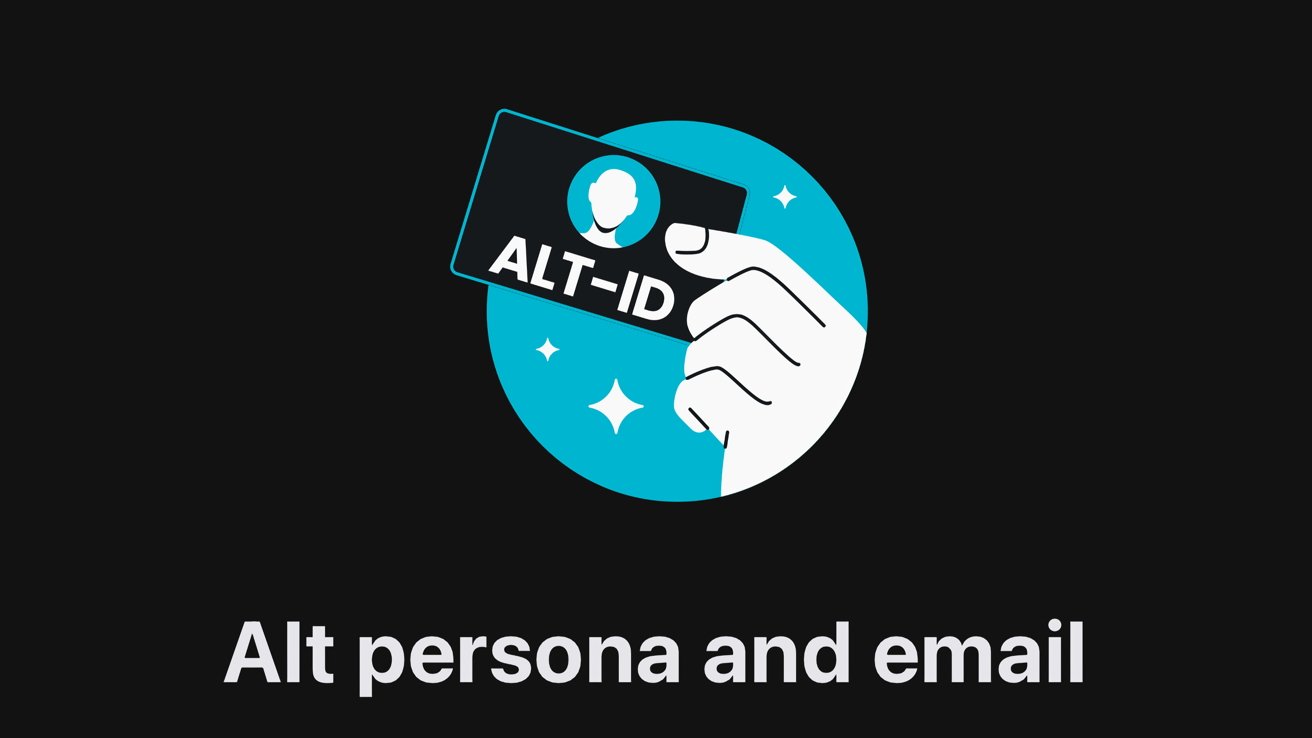 Hand holding an ALT-ID card in front of a blue circle with sparkles, text below reads Alt persona and email