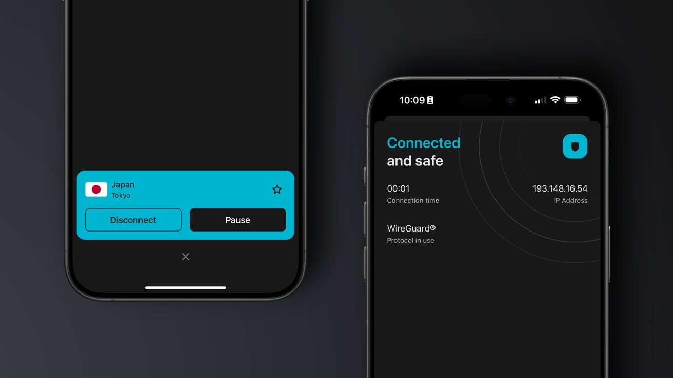Two phones, one shows a VPN connection to Tokyo, Japan with Disconnect and Pause buttons, the other shows connection status as Connected and safe.