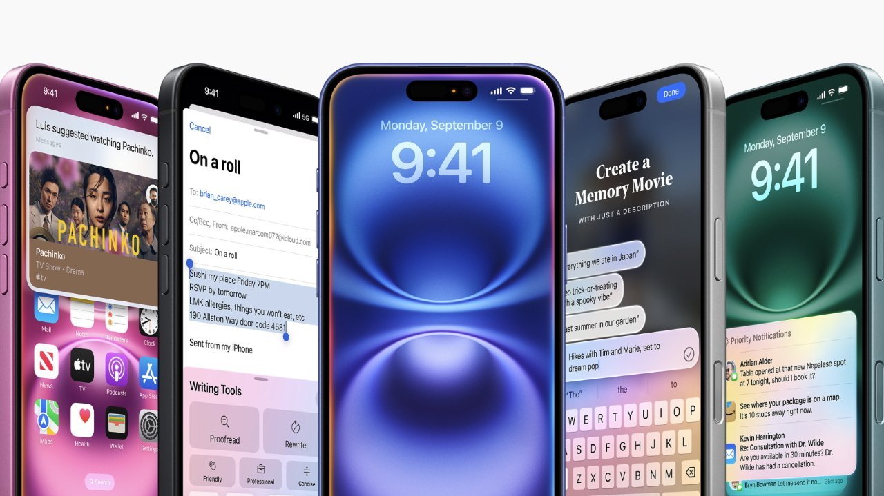 Five smartphones showcasing various apps and interfaces, including messaging, notifications, reminders, movie suggestions, and a lock screen with 9:41 and September 9 displayed.