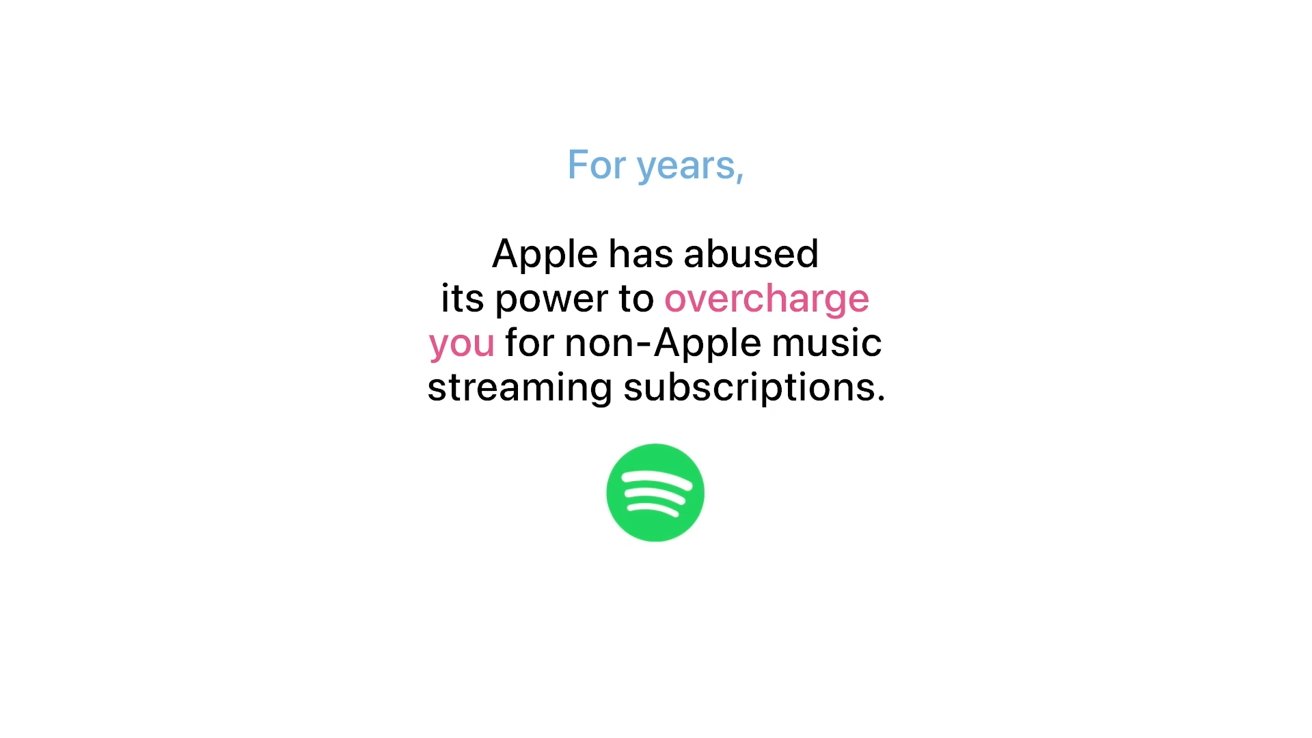 Text criticizing Apple for overcharging non-Apple music streaming subscriptions, with the Spotify logo at the bottom.