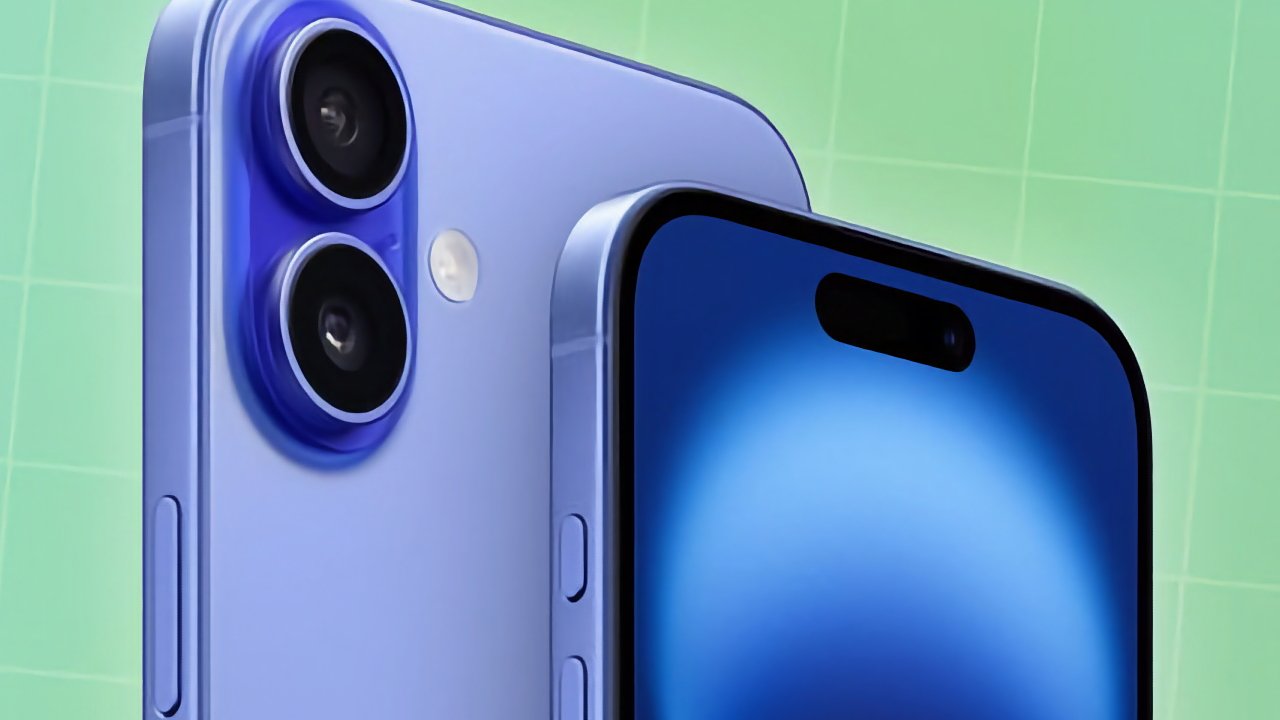 Two smartphones in blue, one showing a dual camera setup, the other displaying a front screen with a notch. Background features a light green grid pattern.